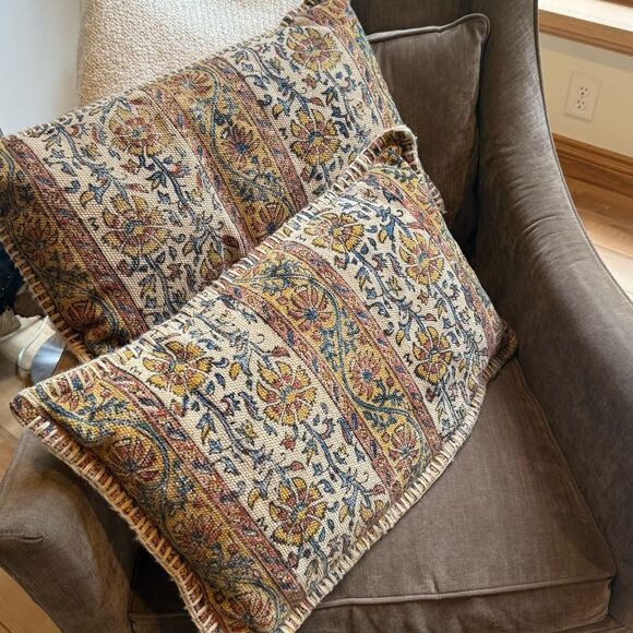 World Market Earth Tone Floral Panel Kilim Boho Style Accent Pillows Set of Two - Picture 1 of 12